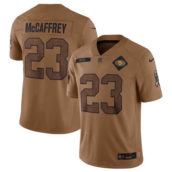 Men%27s San Francisco 49ers #23 Christian McCaffrey 2023 Brown Salute To Service Limited Football Stitched Jersey Dyin